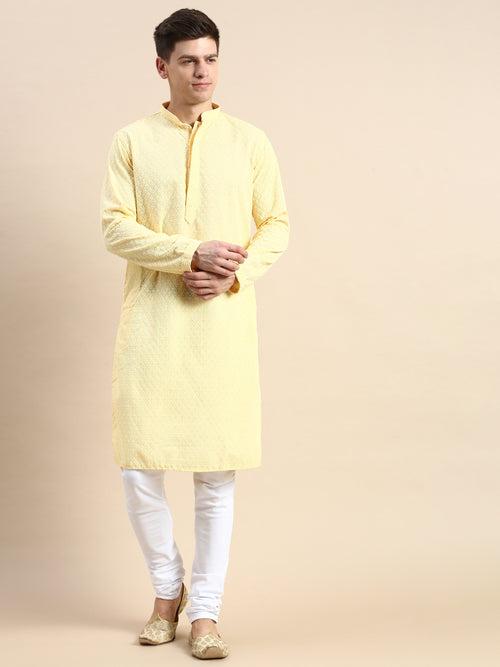 Sanwara Men's Light Yellow Thread Work Chikankari Indian Style Cotton Kurta with Payjama-D2866