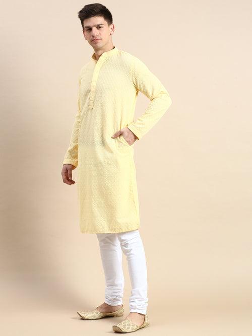 Sanwara Men's Light Yellow Thread Work Chikankari Indian Style Cotton Kurta with Payjama-D2866