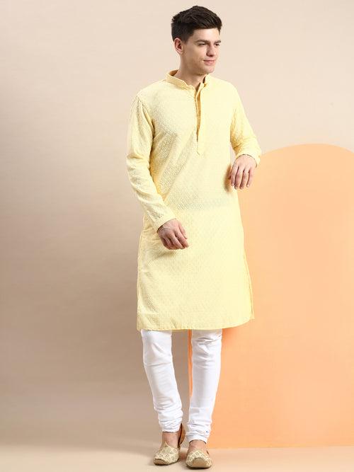 Sanwara Men's Light Yellow Thread Work Chikankari Indian Style Cotton Kurta with Payjama-D2866
