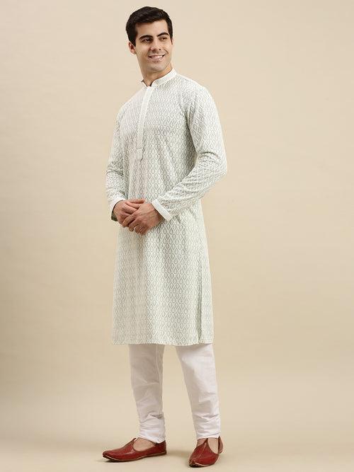 Sanwara Men's Sea Green Chikankari Long Sleeve Cotton Designer Kurta with Pyjama-D2874