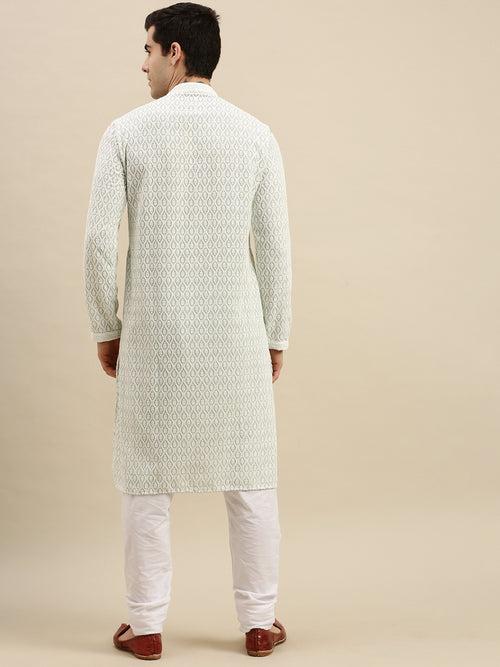 Sanwara Men's Sea Green Chikankari Long Sleeve Cotton Designer Kurta with Pyjama-D2874