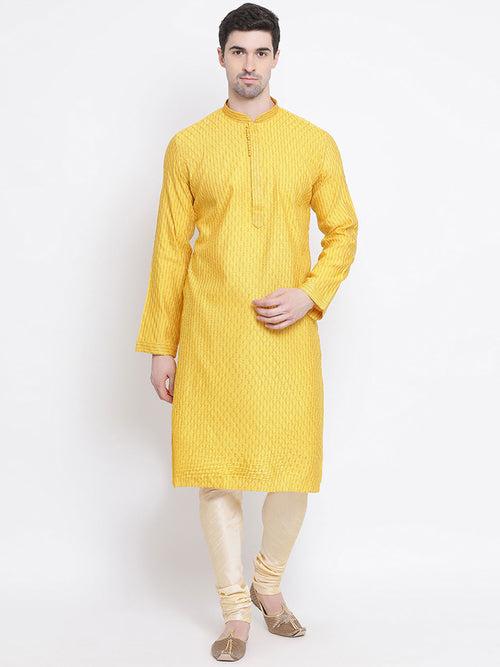 Men's Yellow Jacquard Kurta & Pyjama Set