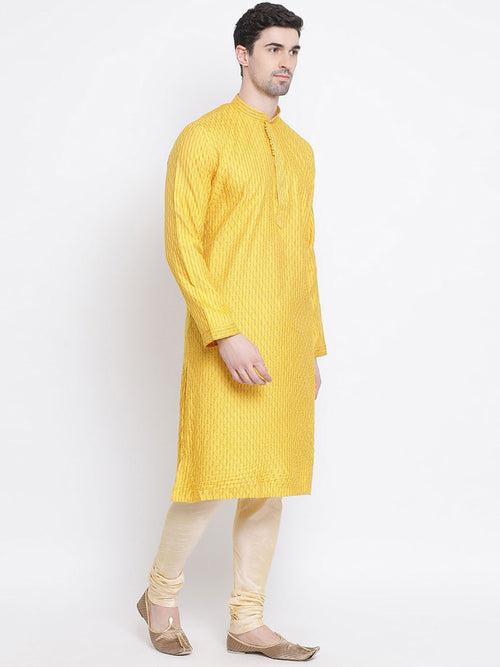 Men's Yellow Jacquard Kurta & Pyjama Set