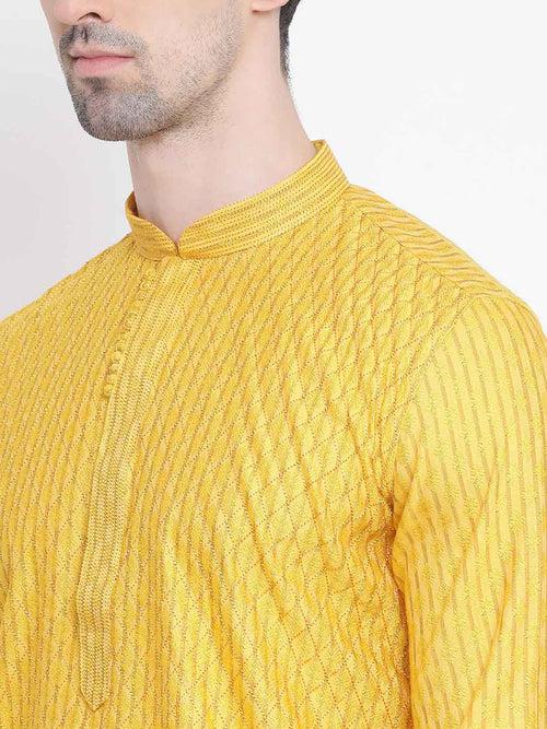 Men's Yellow Jacquard Kurta & Pyjama Set