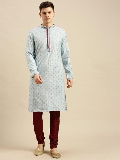 Sanwara Men's Sky Blue Woven Jacquard Ethnic Kurta Set