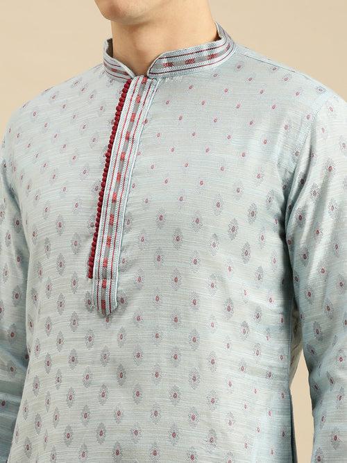 Sanwara Men's Sky Blue Woven Jacquard Ethnic Kurta Set