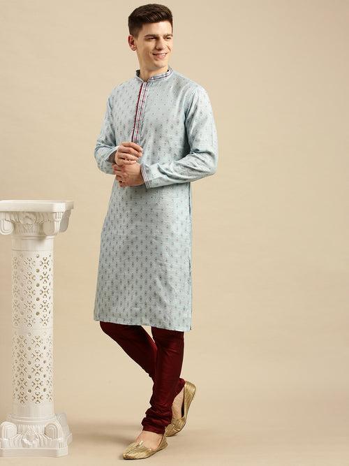 Sanwara Men's Sky Blue Woven Jacquard Ethnic Kurta Set