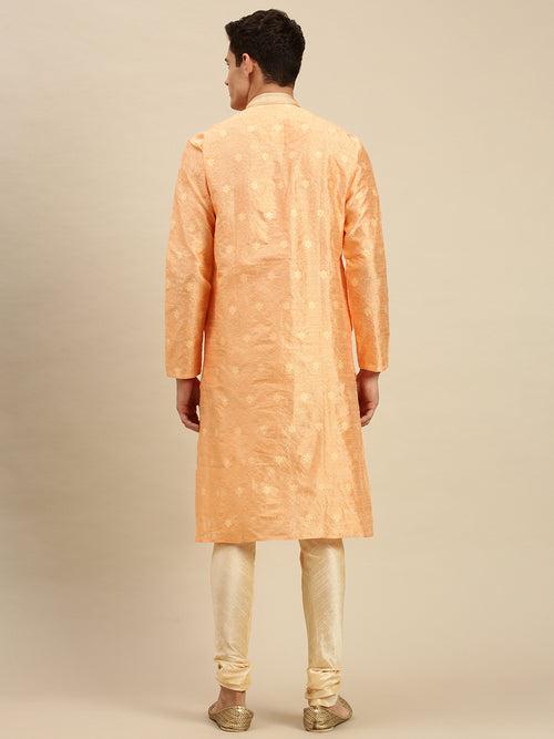 Sanwara Men Peach Jacquard Woven Design Kurta Pyjama