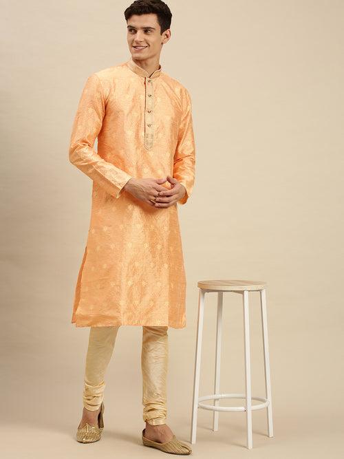 Sanwara Men Peach Jacquard Woven Design Kurta Pyjama