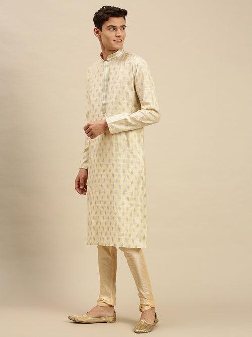 Sanwara Men Light Cream Jacquard Woven Design Kurta Pyjama