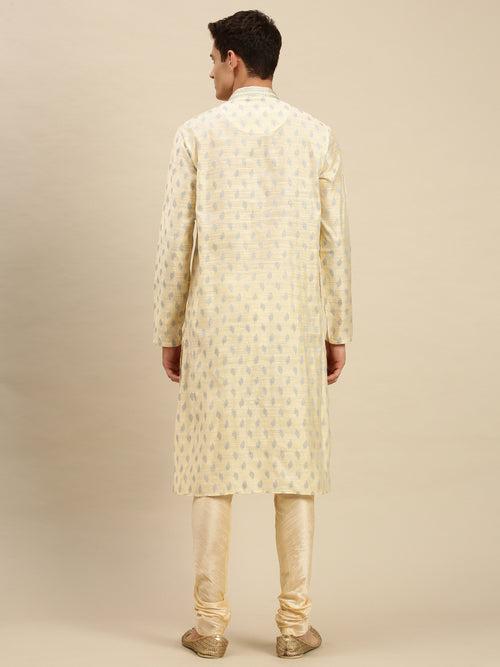 Sanwara Men Light Cream Jacquard Woven Design Kurta Pyjama