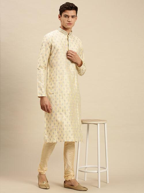 Sanwara Men Light Cream Jacquard Woven Design Kurta Pyjama