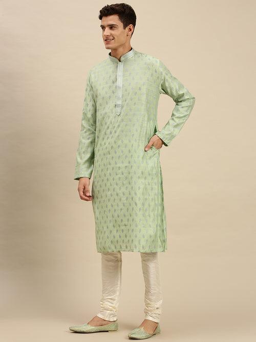 Sanwara Men Light Green Jacquard Woven Design Kurta Pyjama