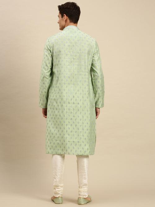 Sanwara Men Light Green Jacquard Woven Design Kurta Pyjama