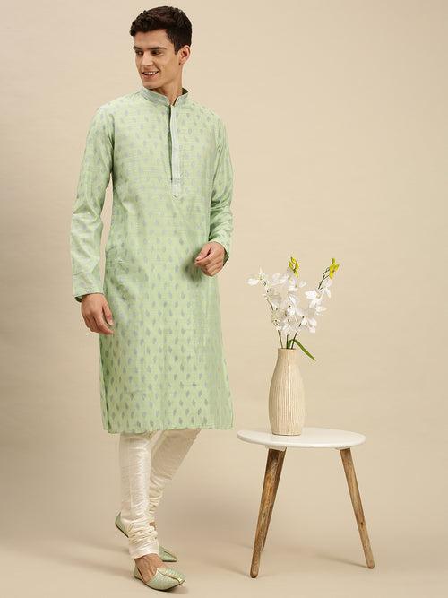 Sanwara Men Light Green Jacquard Woven Design Kurta Pyjama