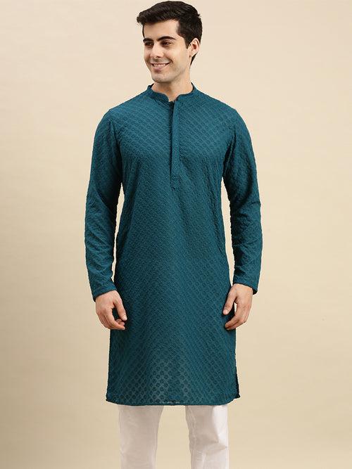 Sanwara Men's Firozi Chikankari Long Sleeve Cotton Designer Kurta-D2864