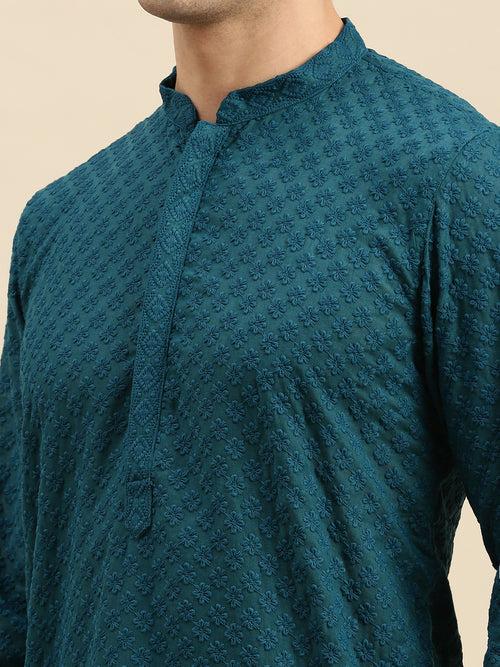 Sanwara Men's Firozi Chikankari Long Sleeve Cotton Designer Kurta-D2864