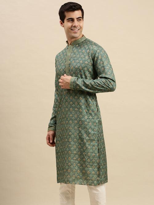 Sanwara Men's Green woven Long Sleeve Art Silk Elegant Kurta