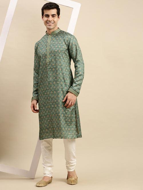 Sanwara Men's Green woven Long Sleeve Art Silk Elegant Kurta