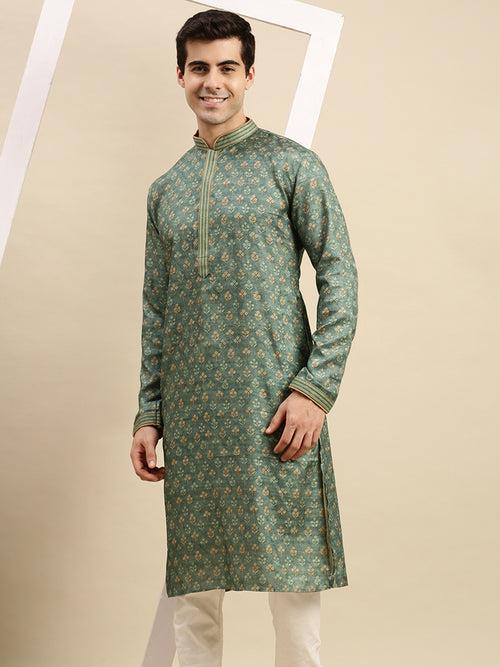 Sanwara Men's Green woven Long Sleeve Art Silk Elegant Kurta