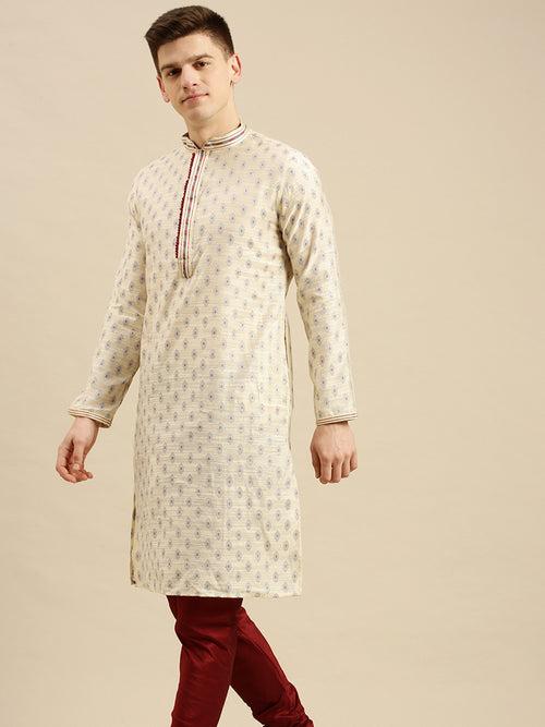 Sanwara Men's Cream Solid Art Silk Ethnic Kurta