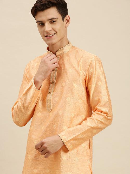 Sanwara Men Peach Jacquard Woven Design Kurta