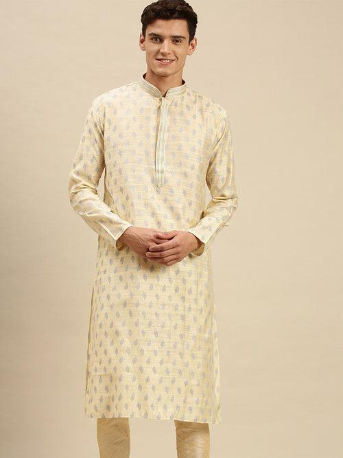 Sanwara Men Light Cream Jacquard Woven Design Kurta