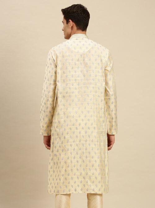 Sanwara Men Light Cream Jacquard Woven Design Kurta