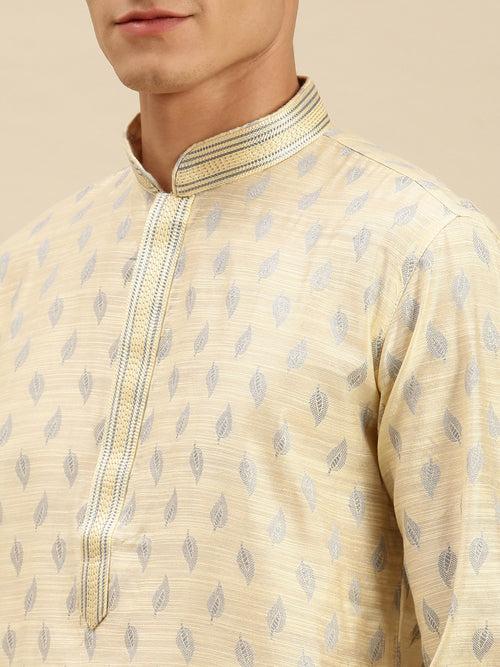 Sanwara Men Light Cream Jacquard Woven Design Kurta