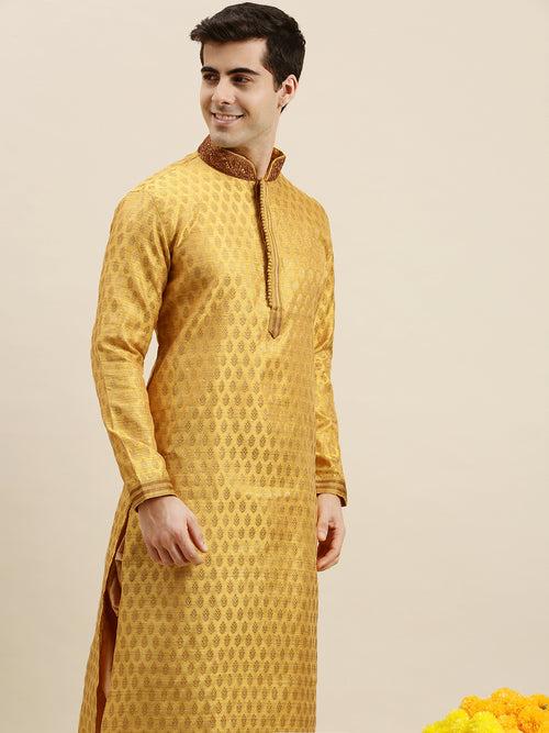 Sanwara Men's Yellow woven Long Sleeve Art Silk Elegant Kurta