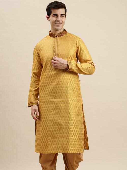 Sanwara Men's Yellow woven Long Sleeve Art Silk Elegant Kurta