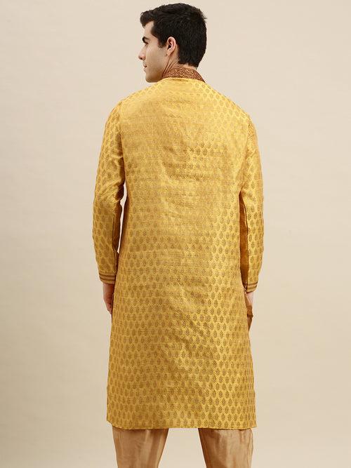 Sanwara Men's Yellow woven Long Sleeve Art Silk Elegant Kurta