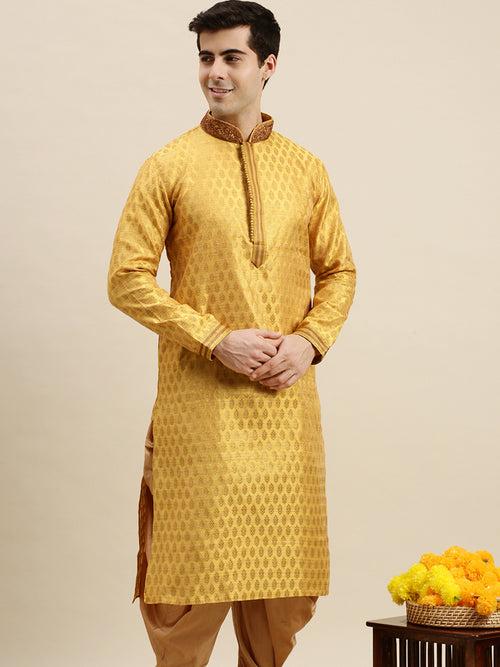 Sanwara Men's Yellow woven Long Sleeve Art Silk Elegant Kurta