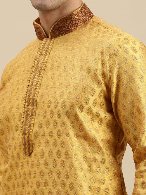 Sanwara Men's Yellow woven Long Sleeve Art Silk Elegant Kurta