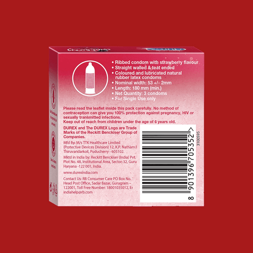 Durex Extra Thin Wild Strawberry Flavoured - 3 Condoms, (1 Pack of 3s)