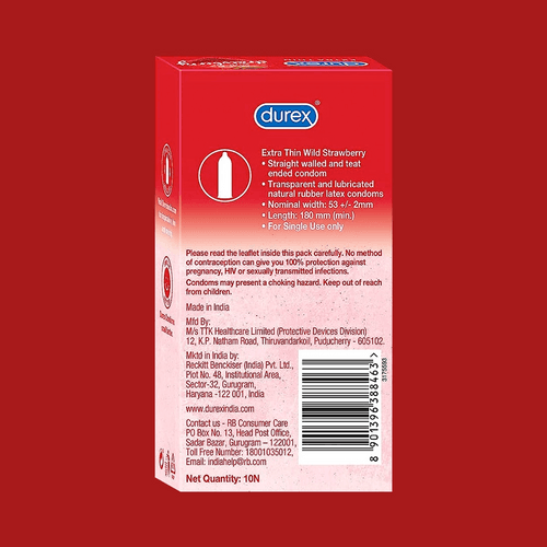 Durex Extra Thin Wild Strawberry Flavoured - 10 Condoms, (1 Pack of 10s)