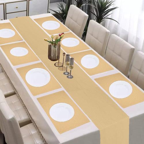 Lushomes Table Mat & Table Runner Set, Dining table mats 8 pieces in Size 13x19 Inches, 1 table runner 8 Seater In Size 13x98 Inches, dining table accessories for home, For dining(Pack of 9, Beige)