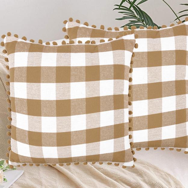 Lushomes Square Cushion Cover with Pom Pom, Cotton Sofa Pillow Cover Set of 2, 16x16 Inch, Big Checks, Beige and White Checks, Pillow Cushions Covers (Pack of 2, 40x40 Cms)