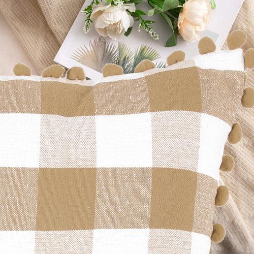 Lushomes Square Cushion Cover with Pom Pom, Cotton Sofa Pillow Cover Set of 2, 16x16 Inch, Big Checks, Beige and White Checks, Pillow Cushions Covers (Pack of 2, 40x40 Cms)
