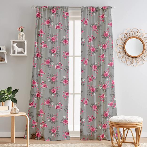 Lushomes curtains 8 feet long set of 2, door curtains 8 ft, door curtain, curtains for bedroom, Semi sheer curtains, rod pocket curtains (Pack of 2, 57x96 Inch, Grey Flowers)