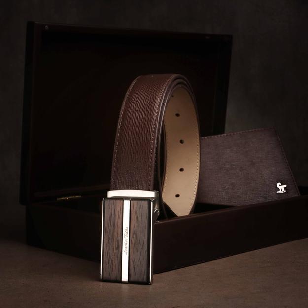 Italian Wood Finish Leather Wallet & Belt Set  | Luxury Genuine Leather Belt For Men  | Wallet for Men | Colour: Brown