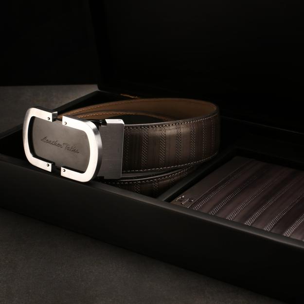 Premium Italian VT Stripe Fab III Leather Wallet & Belt Set | Luxury Genuine Leather Belt For Men |  Wallet for Men | Colour: Grey