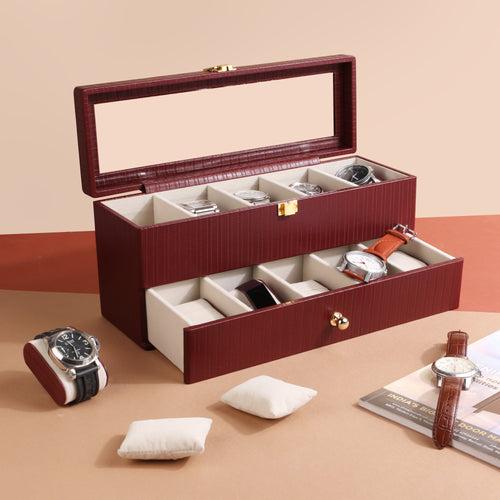 Bronx II Leather Watch Box | 100% Genuine Leather | Can Hold 10 Watches | Acrylic Glass Top | Cherry , Brown & Black