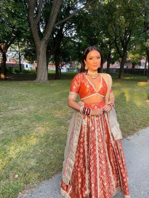 Rust Orange Banarsi Lehenga