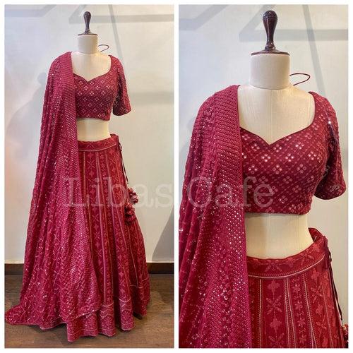 Brick Red Lakhnavi Lehenga