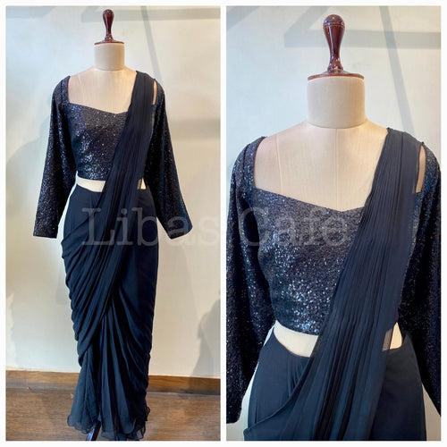 Black Sequin Pre-stitched Saree