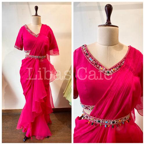 Fuschia Pink  Belt Ruffle Saree