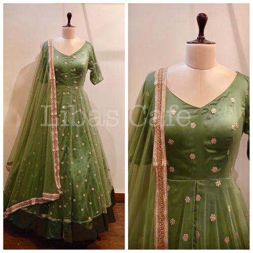 Bright Olive Green Net Anarkali Suit