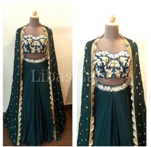 Bottle Green Pearl Cape Lehenga