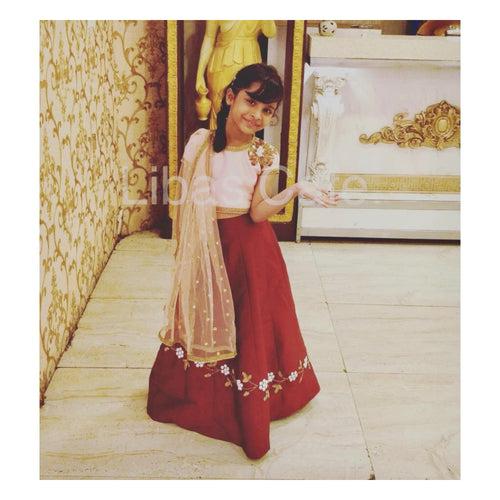 Peach Maroon Mother Daughter Lehenga Set